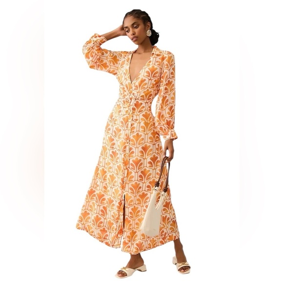 Maeve Dresses & Skirts - Maeve Anthropologie orange & white printed wrap shirt maxi dress 12